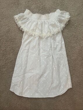 Buckley K White Off-Shoulder Eyelet Dress with Fringe Ruffle